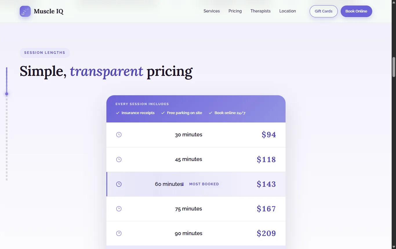 Muscle IQ pricing table: session lengths from 30 to 90 minutes.