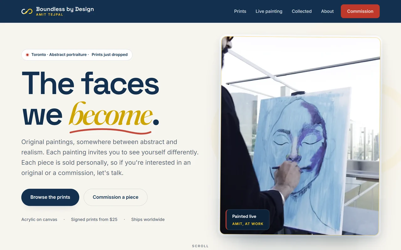 Boundless by Design homepage: The faces we become, with a live painting video.