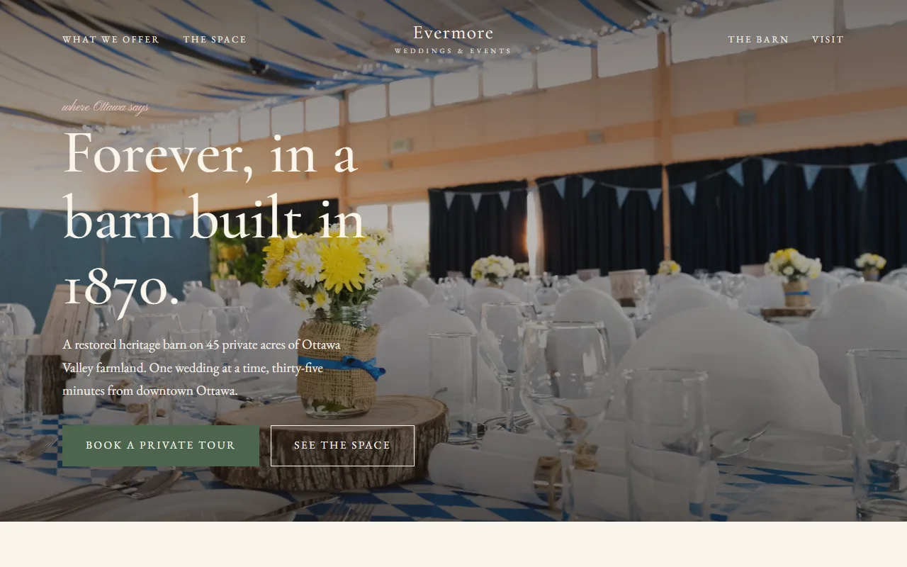 Evermore concept homepage for a barn wedding venue.