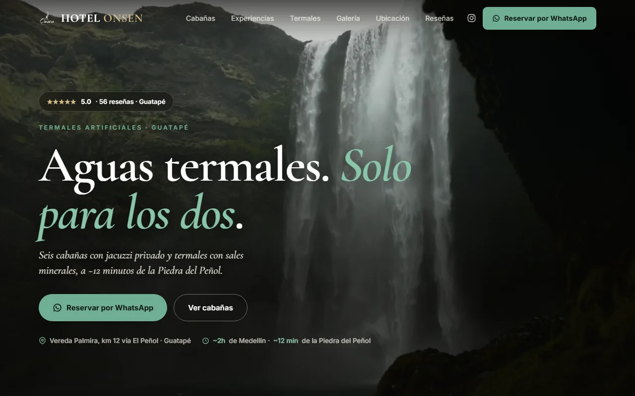 Hotel Onsen concept homepage, English and Spanish.